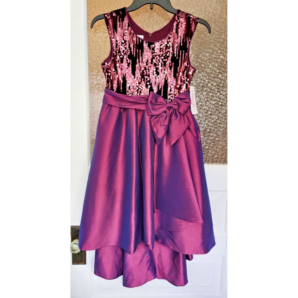 NWT Bonnie Jean Girl Size 14 Burgundy Sequin High-Low Holiday Dress Purple Satin